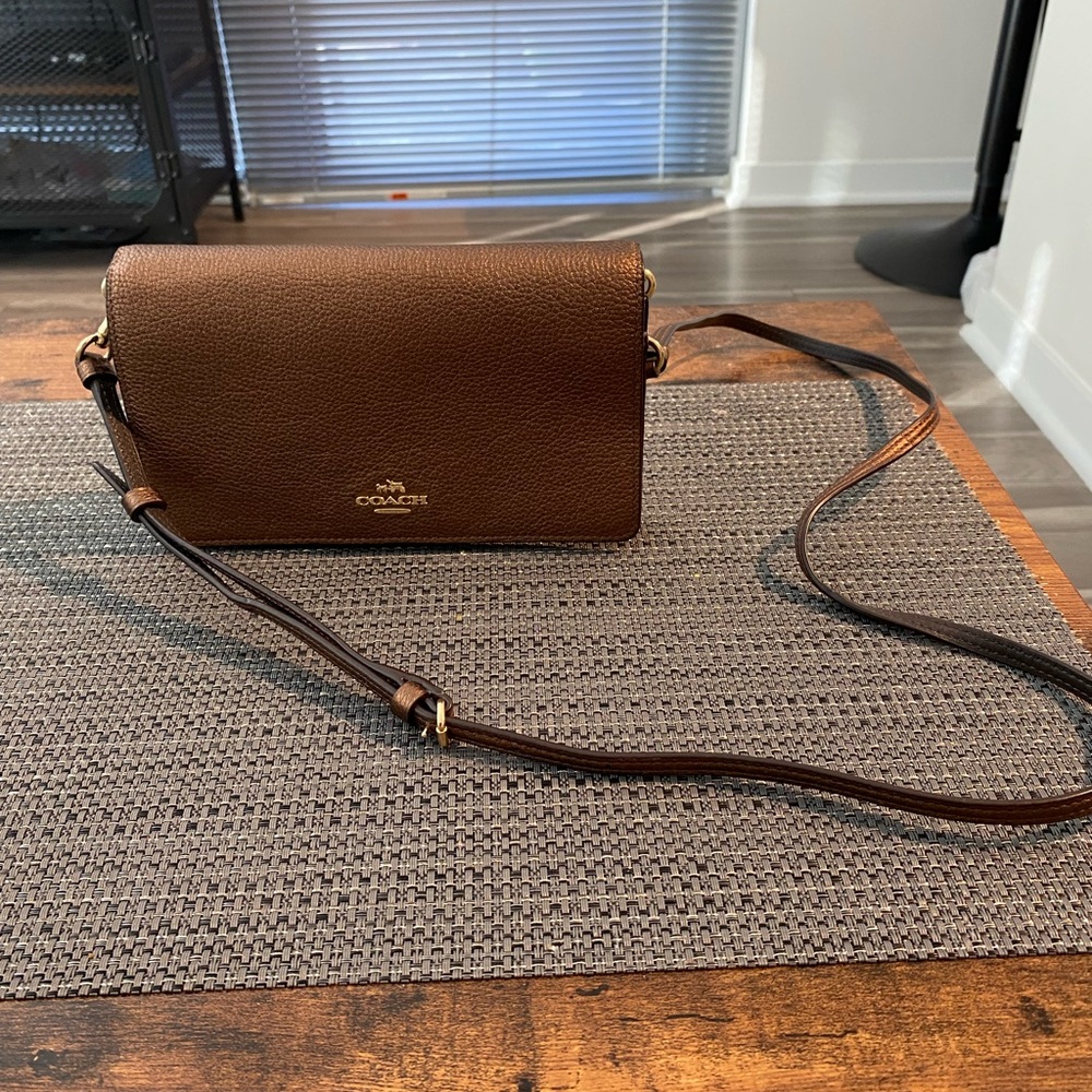 Coach Hayden Bronze Metallic Leather fold-over, crossbody/clutch.